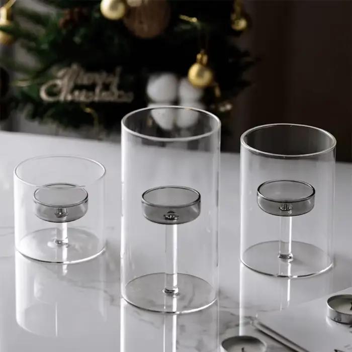 Porte-bougie en verre de style européen créatif, résistant à la chaleur, transparent, avec base solide, centre de table pour fête