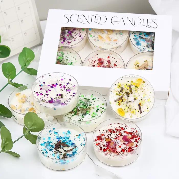 Coffret cadeau de bougies à fleurs scintillantes de 6 pièces – Décor floral conservé et scintillant